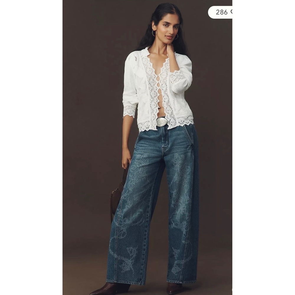 Pilcro Anthropologie Piranesi High Rise Tapered Jeans Raised Floral Size 31 NWOT